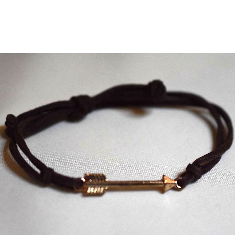 Trendy Casual Gold Tone Arrow Brown Suede Adjustable Cord Unisex Bracelet